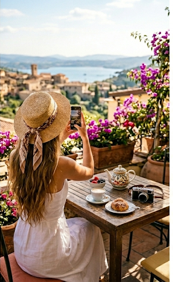 カフェテラスで写真を撮る女性